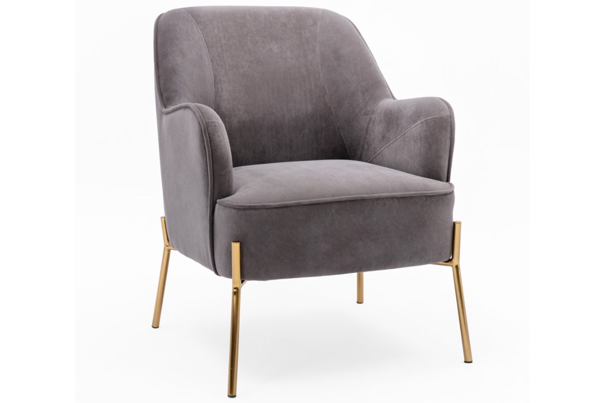 View Mia Light Grey Plush Velvet Fabric Upholstered Accent Occasional Bedroom Side Armchair Deeply Padded Seat Gold Finish Metal Leg information