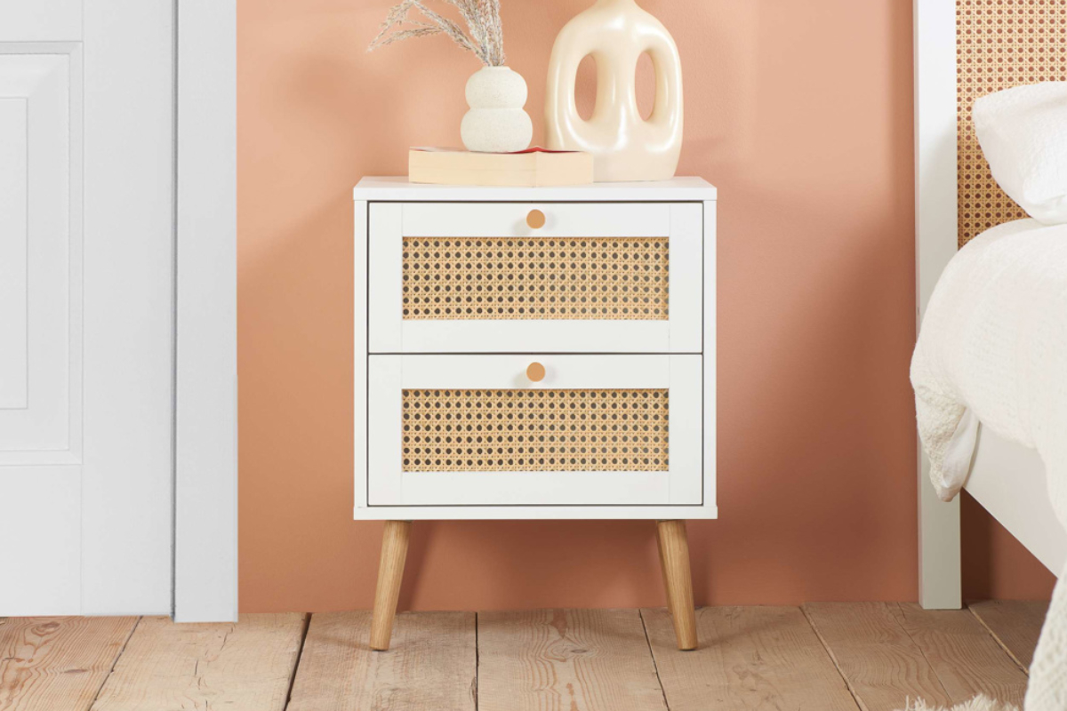 View Modern Two Drawer Wooden Bedside Locker Chest Available In Light Oak Or Black With Rattan Finish Drawer Fronts Rounded Tapered Legs information