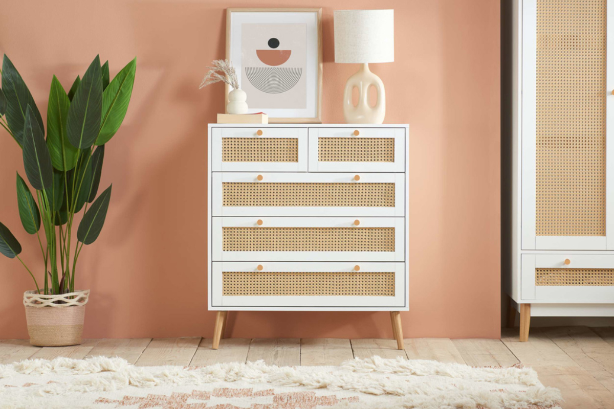 View Croxley Oak White Rattan 5 Drawer Storage Chest information