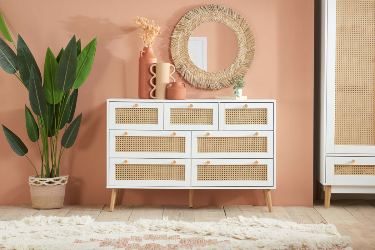 View White Rattan 7 Drawer Storage Chest Seven Spacious Easy Glide Drawers Inset Rattan Door Panels Croxley information