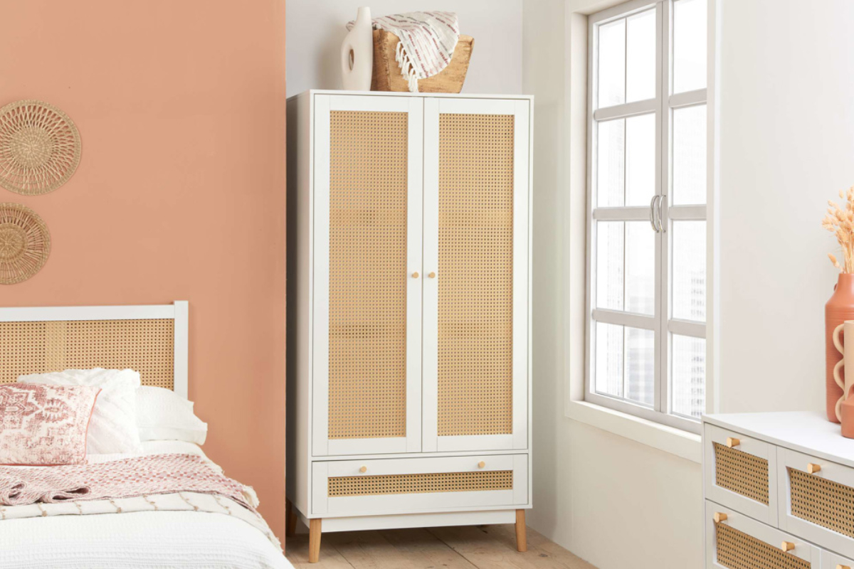 View White Rattan Door Wardrobe 1 Storage Drawer Full Hanging Wardrobe Space Easy Glide Drawer Inset Rattan Door Panels Croxley information