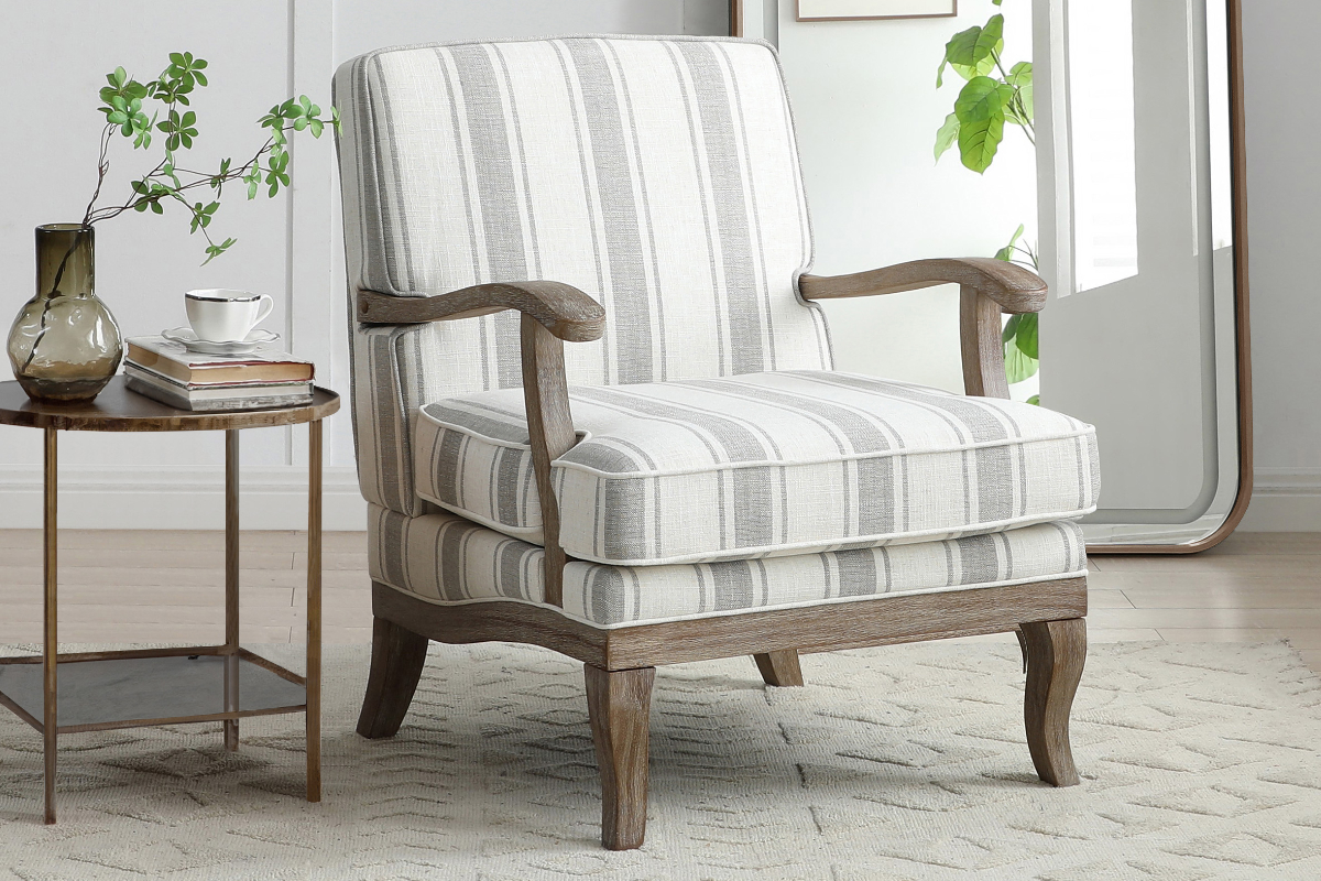 View Cream and Grey Striped Fabric Occasional Accent Armchair Deeply Padded Seat Backrest Rubber Hardwood Robust Frame Tested to 120kg Colwell information