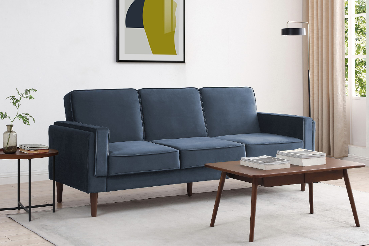 View Paolo Ink Blue Velvet Fabric 3Seater Sofa Bed Click Clack Bed Settee Action Deeply Padded Wooden Legs information