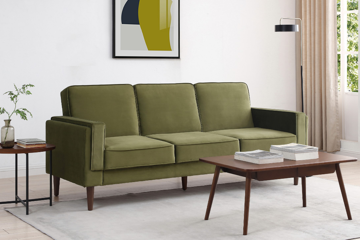 View Paolo Olive Green Velvet Fabric 3Seater Sofa Bed Click Clack Bed Settee Action Deeply Padded Wooden Legs information