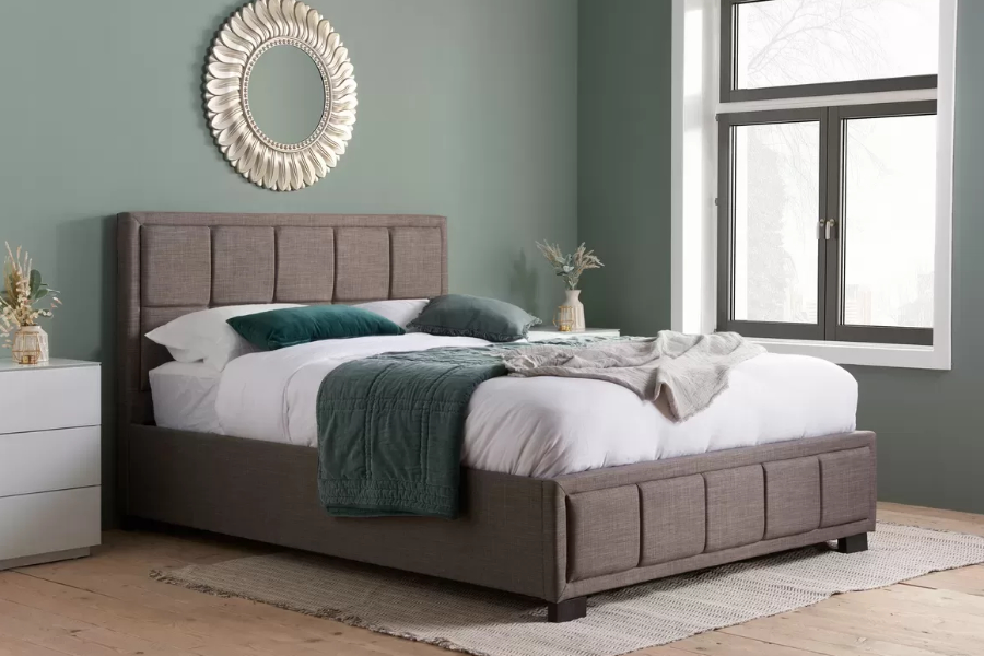 View Grey 46 Double Size Crushed Velvet Fabric Modern Bed Frame Square Design Tall Padded Headboard Strong Slatted Base Hannover information