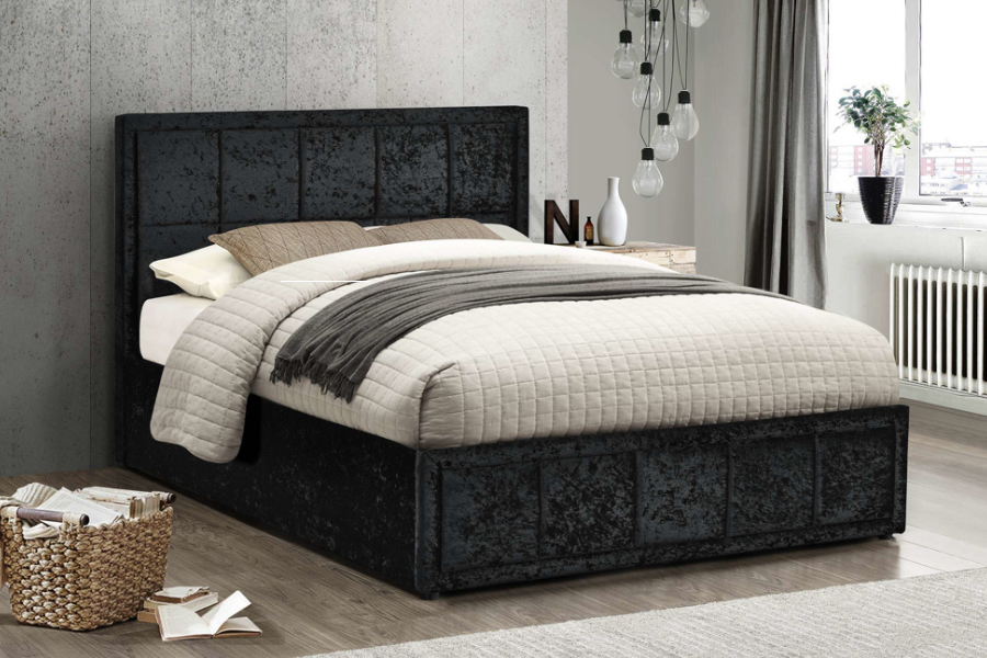 View Hannover Black Crushed Velvet Ottoman Storage Bed Frame Modern Style Small Double Double and King Size information