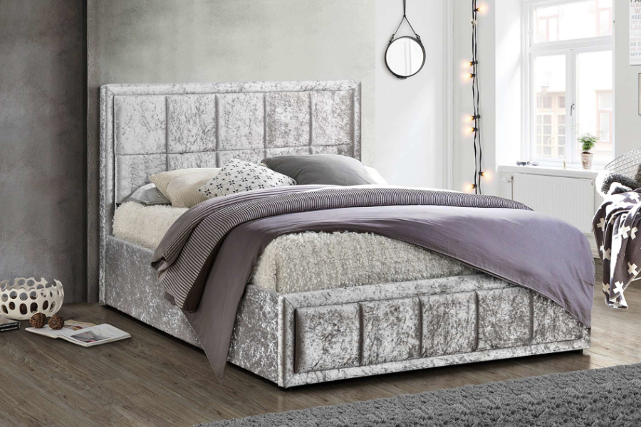 View Hannover Steel Crushed Velvet Ottoman Storage Bed Frame Modern Style Small Double Double and King Size information
