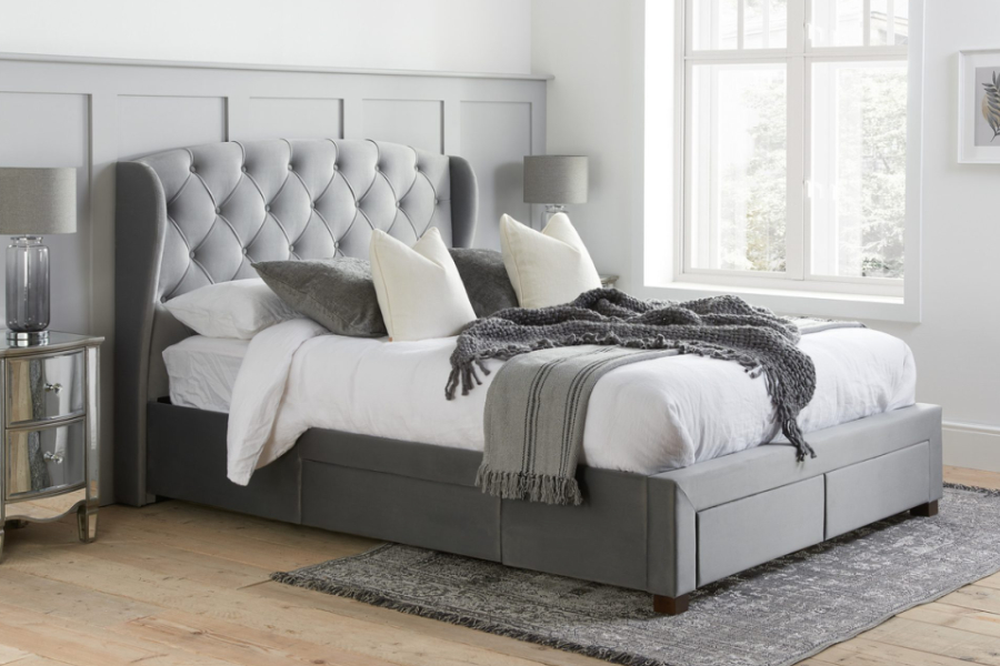 View 50 King Size Four Drawer Grey Velvet Fabric Storage Bed Frame Winged Buttoned Headboard Easy Glide Storage Drawers Slatted Base Hope information