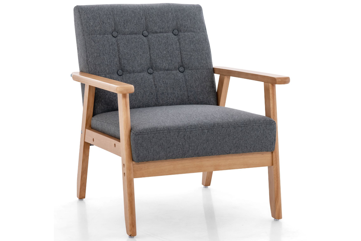 View Grey Linen Fabric Accent Lounge Chair Deeply Padded Seat Buttoned Backrest Robust Rubber Hardwood Frame Tested to 150kg Midcentury Milo information
