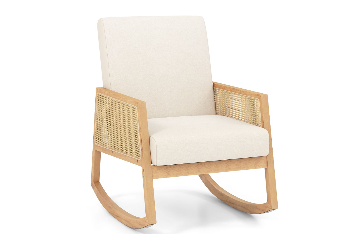 View Beige Fabric Rocking Chair With Rattan Armrests Scandi Retro Design Deeply Padded Seat High Back Hardwood Frame Tested to 150kg Luca information