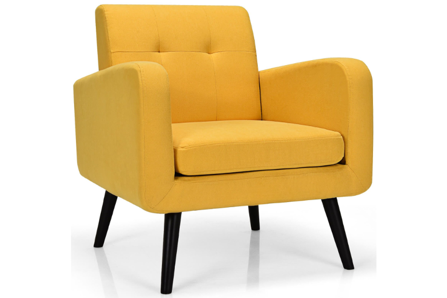 View Yellow Faux Linen Fabric Occasional Armchair Modern Retro Design Ultra Wide Deeply Padded Seat Back Hardwood Frame Tested to 120kg Otis information