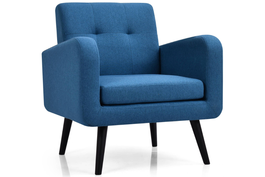 View Blue Faux Linen Fabric Occasional Armchair Modern Retro Design Ultra Wide Deeply Padded Seat Back Hardwood Frame Tested to 120kg Otis information