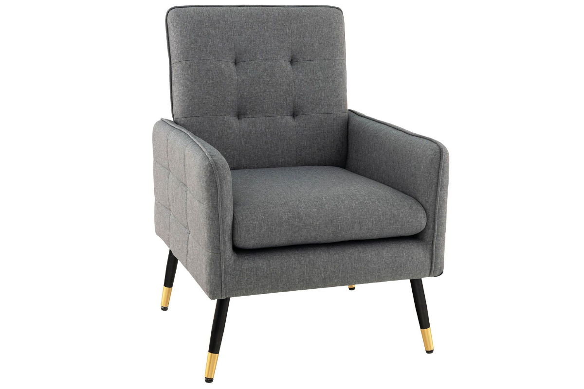 View Grey Faux Linen Fabric Occasional Accent Chair ButtonTufted Design Deeply Padded Removable Seat Hardwood Frame Tested to 160kg Oliver information