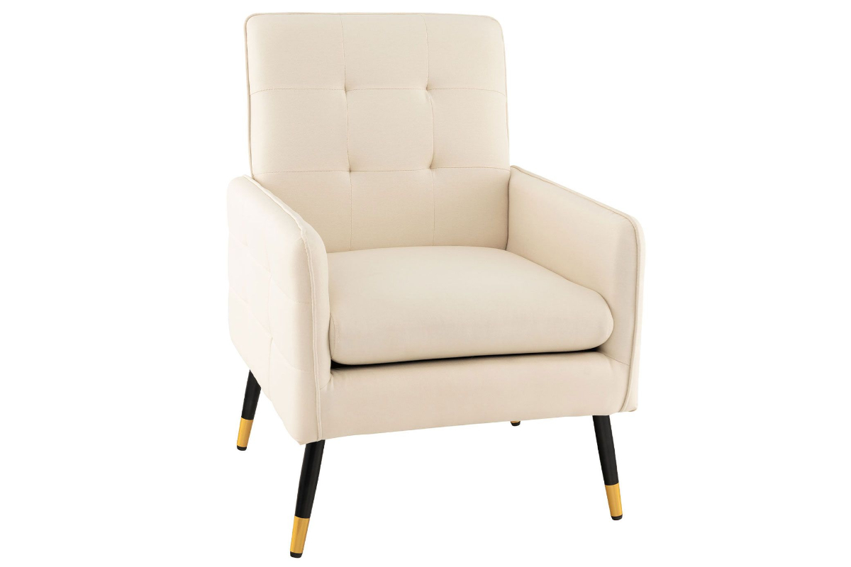 View Beige Faux Linen Fabric Occasional Accent Chair ButtonTufted Design Deeply Padded Removable Seat Hardwood Frame Tested to 160kg Oliver information