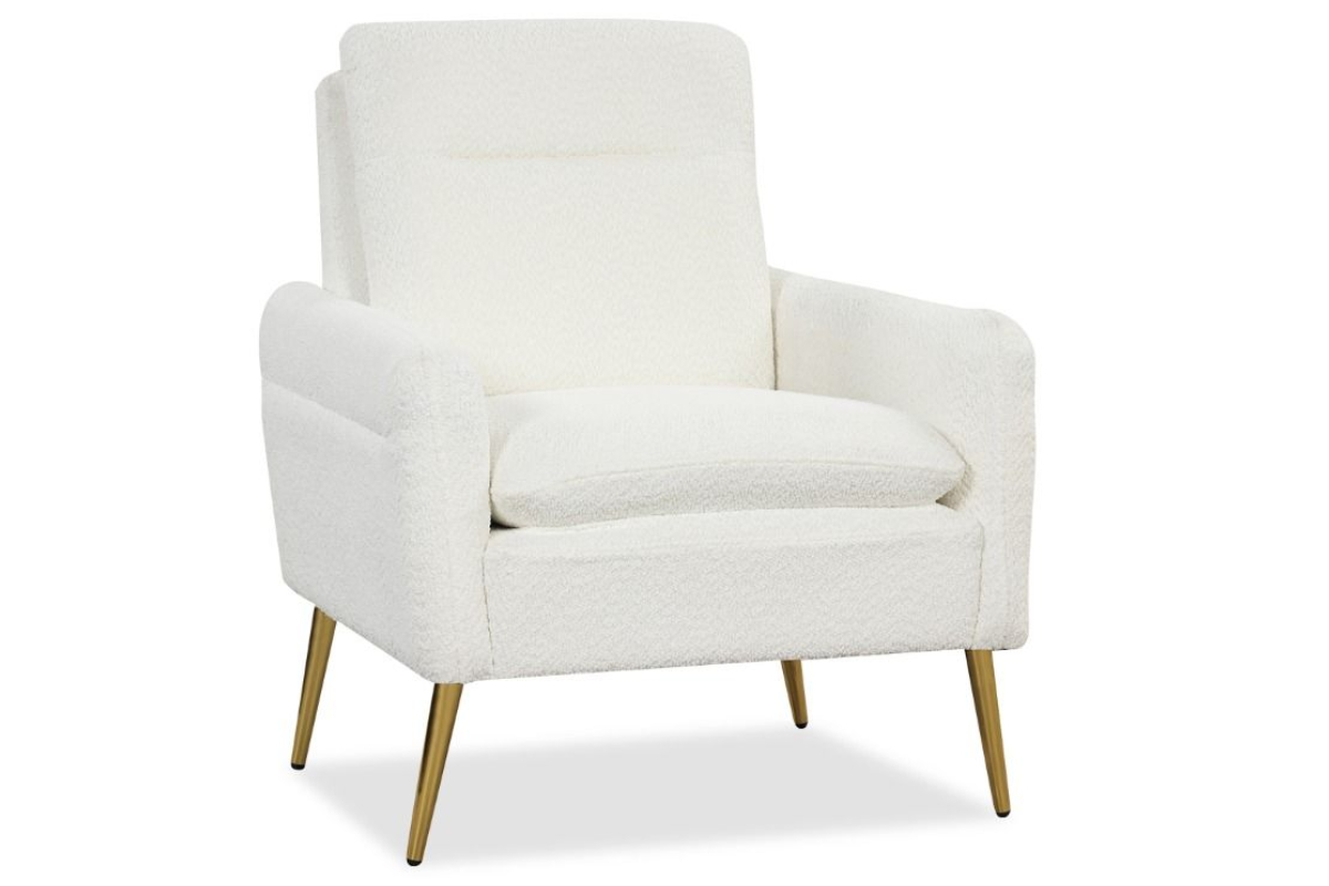 View White Sherpa Fleece Fabric Accent Armchair With Gold Metal Legs Deeply Padded Seat Back Solid Plywood Frame Weight Tested to 160kg Cloud information