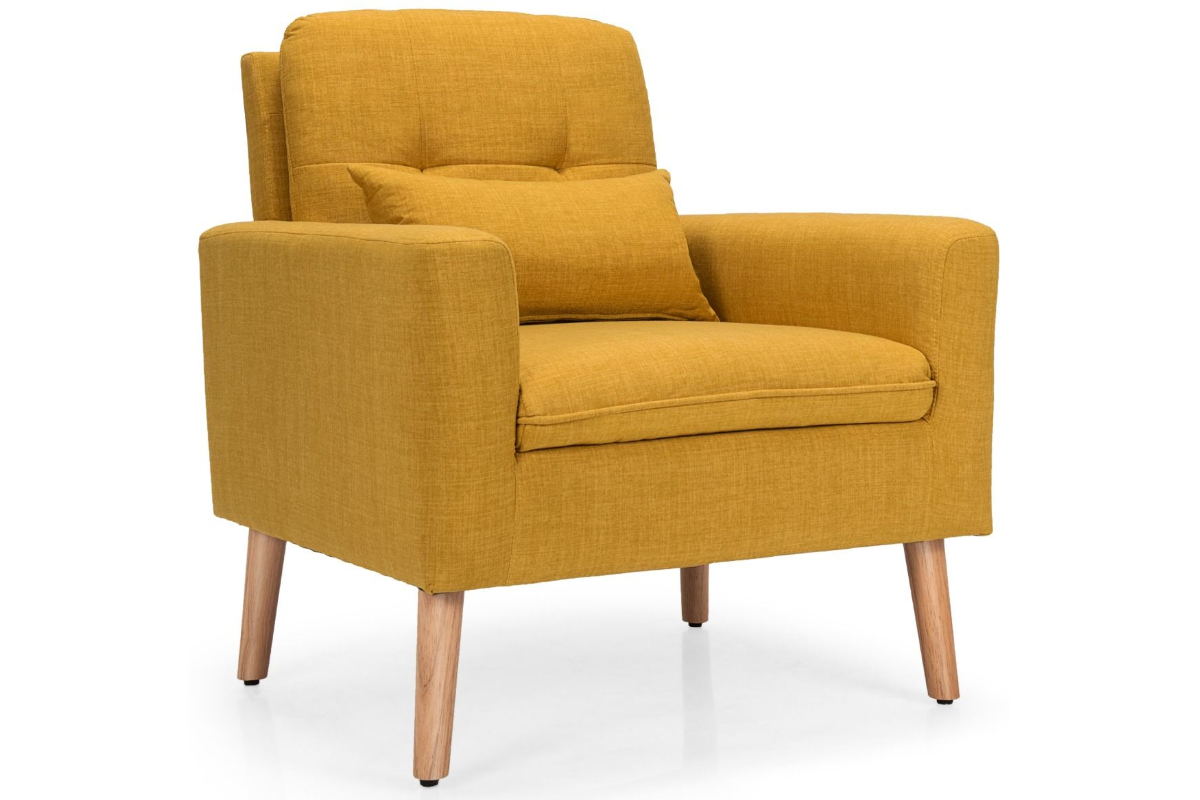 View Yellow Faux Linen Fabric Occasional Armchair Modern Retro Design Removable Lumbar Pillow Deeply Padded Seat Back Hardwood Frame Tested to information