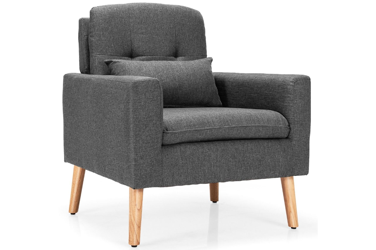 View Grey Faux Linen Fabric Occasional Armchair Modern Retro Design Removable Lumbar Pillow Deeply Padded Seat Back Hardwood Frame Tested to 15 information