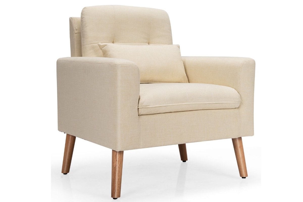 View Beige Faux Linen Fabric Occasional Armchair Modern Retro Design Removable Lumbar Pillow Deeply Padded Seat Back Hardwood Frame Tested to 1 information