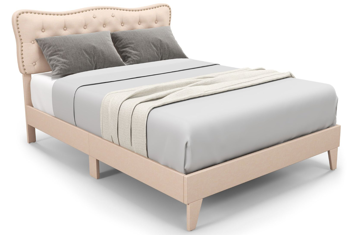 View Serapes 50 King Cream Linen Fabric Bed Frame Deeply Padded Buttoned Headboard Low Foot End Strong Slatted Base 300kg Max Load Capacity information