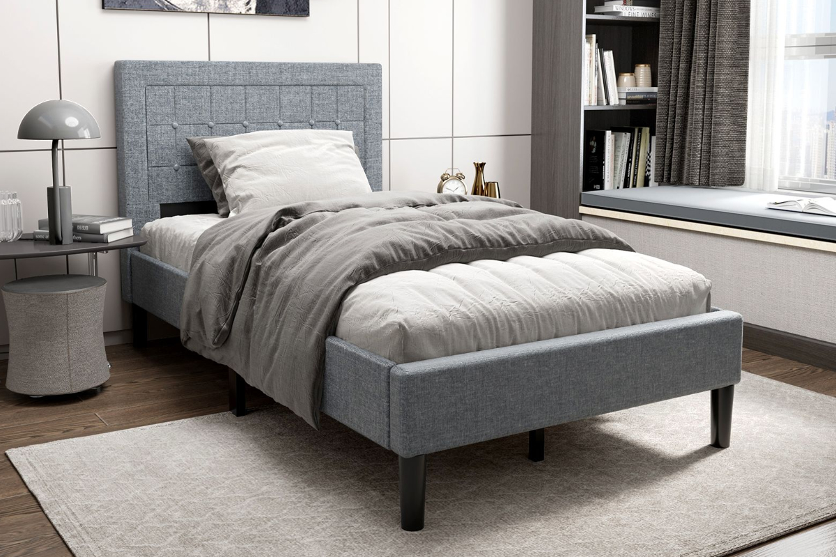 View Benny 30 Single Grey Fabric Bed Frame Deeply Padded Buttoned Headboard Low Foot End Strong Slatted Base 160KG User Weight information