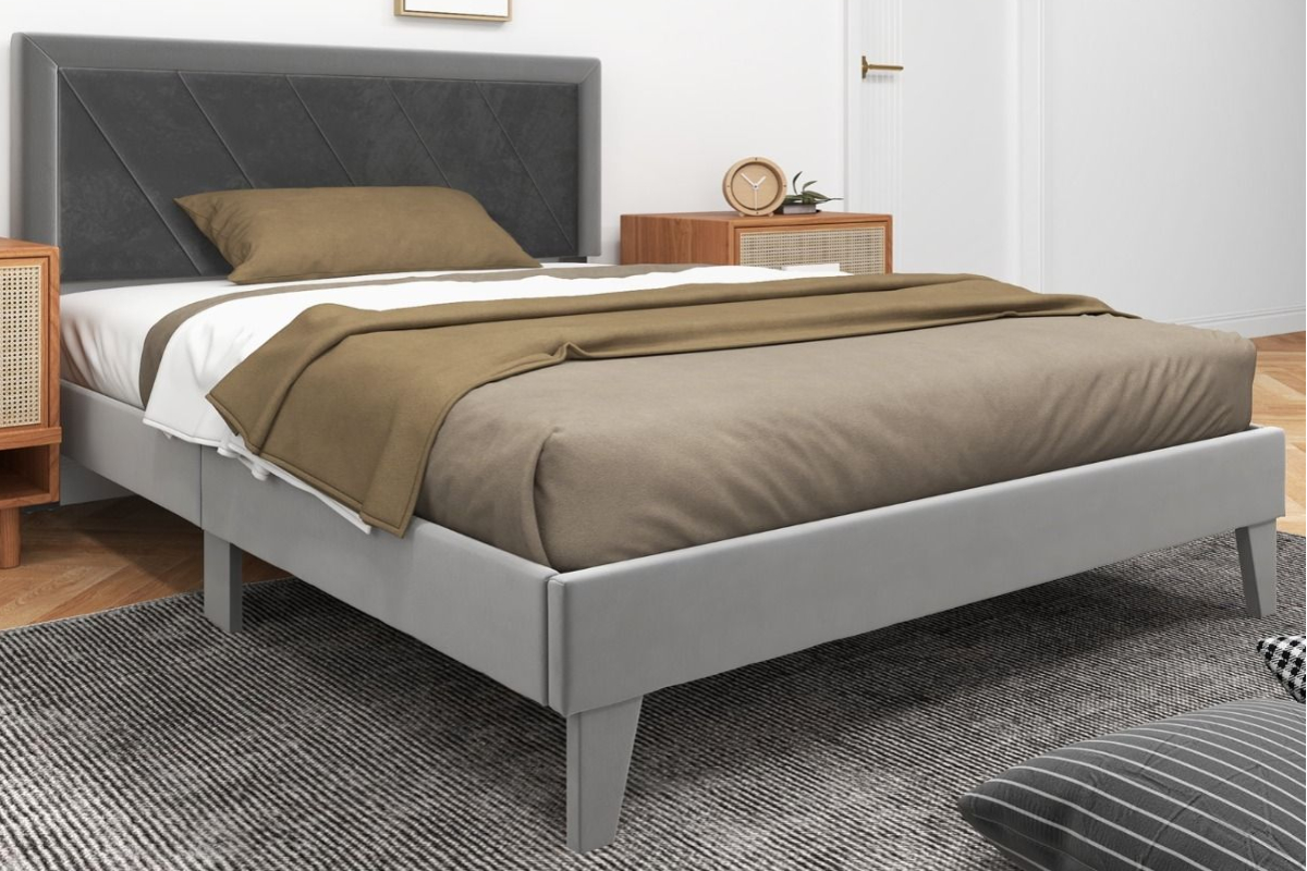 View Wilfred 46 Double Grey Velvet Fabric Bed Frame Two Tone Deeply Padded Headboard Low Foot End Strong Slatted Base 800kg Max Load Capacity information