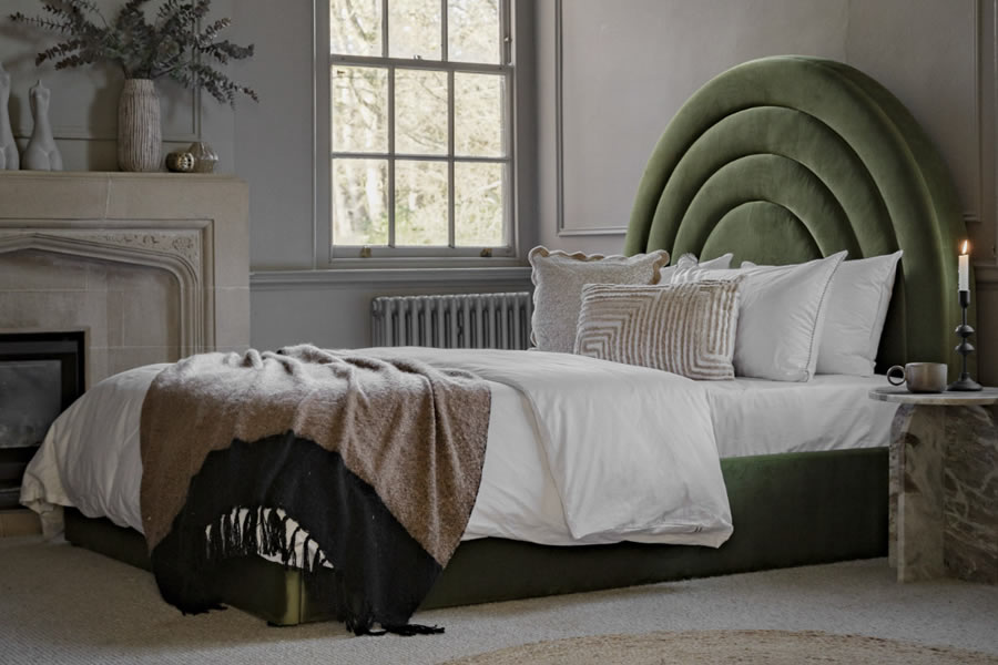 View 50 King Size Modern Deco Style Green Arched Velvet Fabric Bed Frame With Deeply Padded Headboard Solid Slatted Base Vintage Inspired information