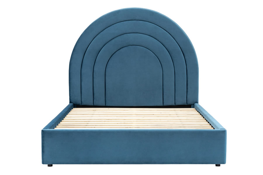 View 50 King Size Modern Deco Style Blue Arched Velvet Fabric Bed Frame With Deeply Padded Headboard Solid Slatted Base Vintage Inspired information