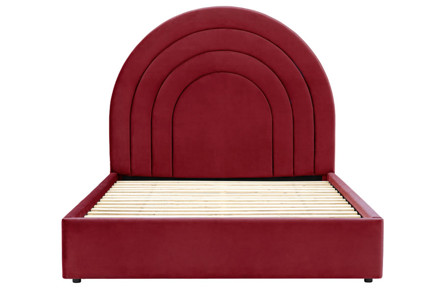 View 50 King Size Modern Deco Style Red Arched Velvet Fabric Bed Frame With Deeply Padded Headboard Solid Slatted Base Vintage Inspired information
