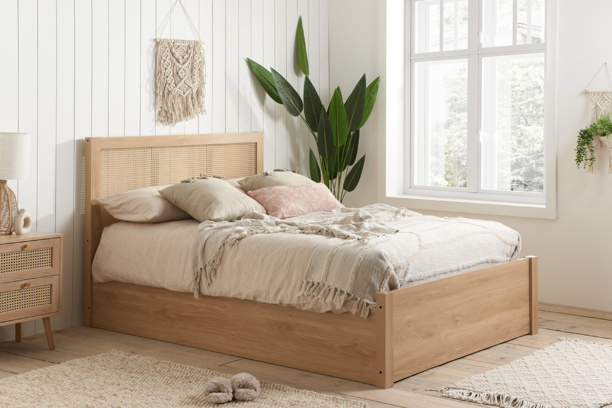 View Croxley 46 Standard Double Solid Oak Ottoman Bed Frame With Woven Rattan Headboard Enormous Storage Space 350kg Maximum Load Birlea information