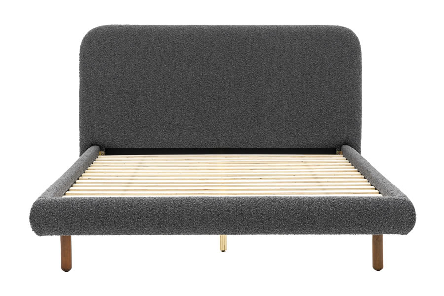 View Rabley 46 Double Charcoal Boucle Fabric Bed Frame With Curved Headboard Wooden Legs Strong Slatted Base Modern Design information