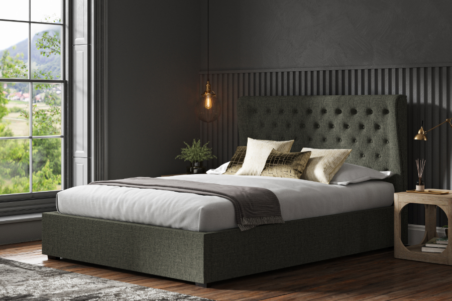 View Kensington 60 Super King Grey Linen Fabric Ottoman Bed Frame Deeply Buttoned Headboard Low Foot End Heavy Duty Hydraulic Arms information