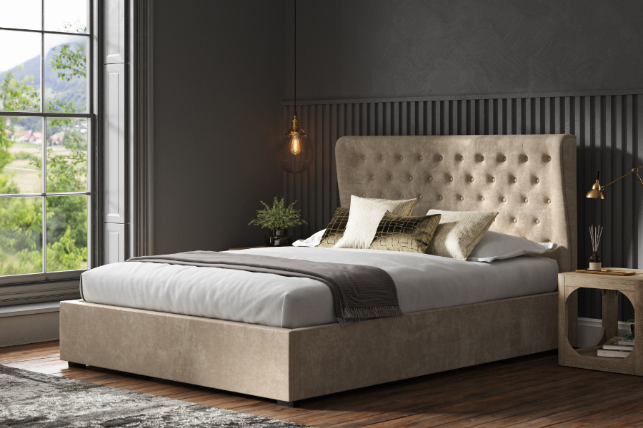 View Kensington 60 Super King Stone Chenille Fabric Ottoman Bed Frame Deeply Buttoned Headboard Low Foot End Heavy Duty Hydraulic Arms information