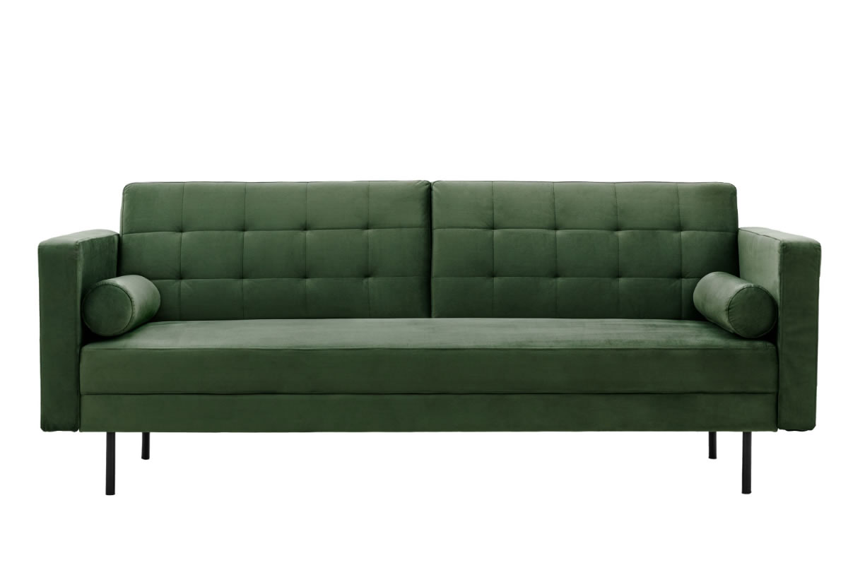 View Eynsford Modern Green Fabric 3 Seater Sofa Guest Bed With Click Clack Folding Backrest Deeply Padded Seat Back Black Steel Legs Quick Delivery information