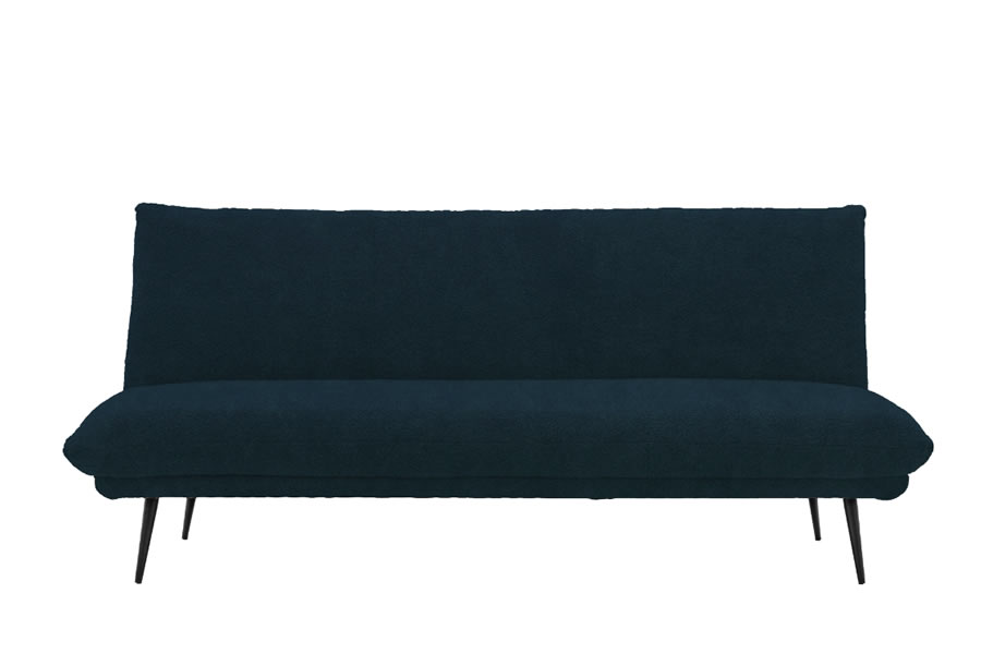 View Dunton Blue Boucle Fabric Futon Click Clack Style 3 Seater Sofa With Guest Bed Easy Clicks Into Bed Deeply Padded Seat Quick Delivery information