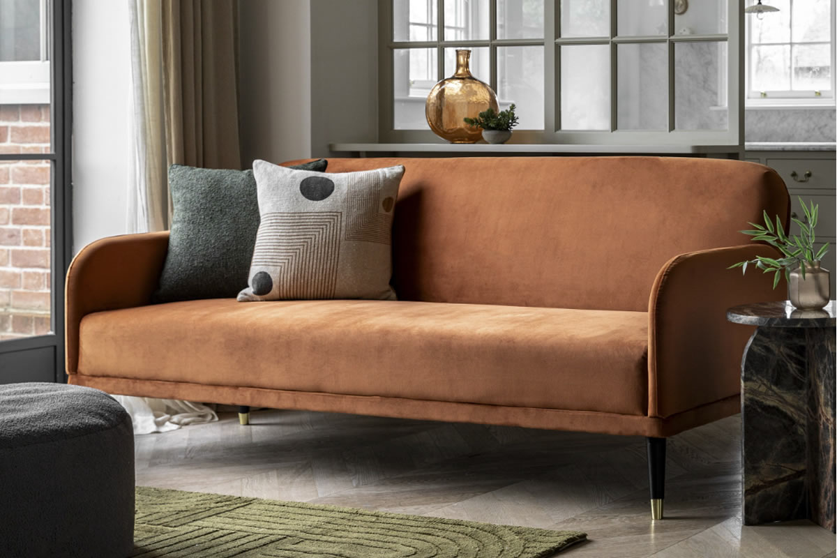 View Holt Sunburst Rust Modern Fabric Futon Style Click Clack 3 Seater Sofa Bed Easily Converts To Guest Bed In A Simple Click Deeply Padded information