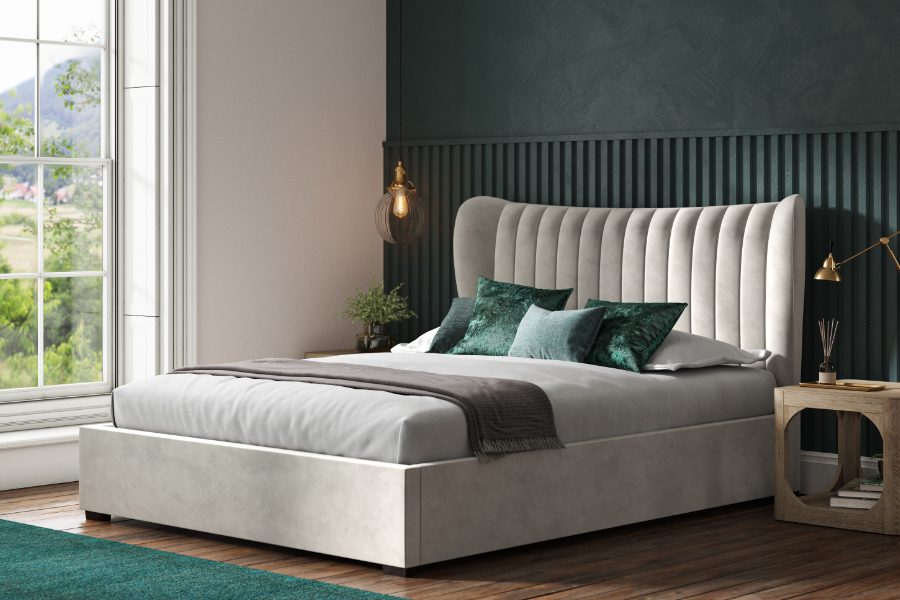 View Harcourt 50 King Light Grey Velvet Fabric Ottoman Bed Frame Curved Headboard Design Low Foot End Ample UnderBed Storage information
