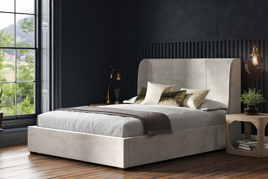 View Oakham 60 Super King Size Light Grey Velvet Fabric Ottoman Bed Frame Winged Headboard Design Ample UnderBed Storage information