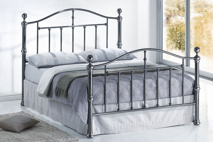 View Double 46 Black Nickel Modern Metal Bed Frame Rounded Finials Tall Head Foot End Sprung Slatted Mattress Support Victoria information