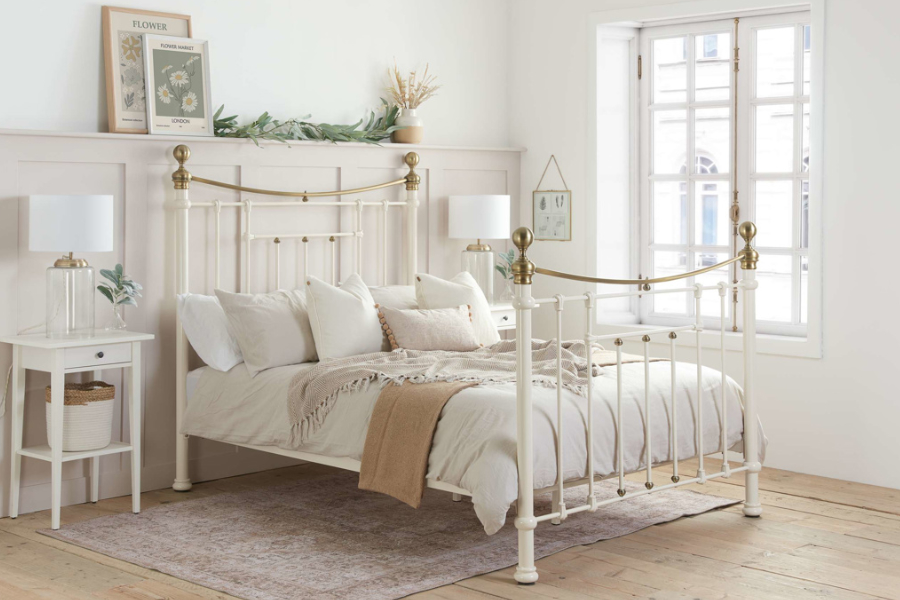 View 46 Double Metal Victorian Styled Cream Bedframe With Brass Dipped Rail And Finials Slatted Head Footend Sprung Slatted Base Bronte information