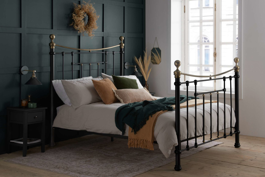 View 46 Double Metal Victorian Styled Black Bedframe With Brass Dipped Rail And Finials Slatted Head Footend Sprung Slatted Base Bronte information