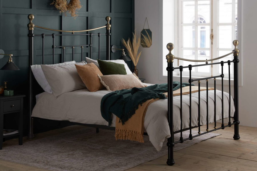 View 50 Kingsize Metal Victorian Styled Black Bedframe With Brass Dipped Rail And Finials Slatted Head Footend Sprung Slatted Base Bronte information