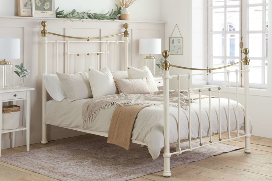 View 50 King Size Metal Victorian Styled Cream Bedframe With Brass Dipped Rail And Finials Slatted Head Footend Sprung Slatted Base Bronte information