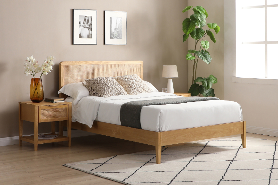 View Ezra 46 Double Size Wooden Bed Frame Made From Ash Wood Modern Rattan Headboard Sprung Slatted Base Minimal Assembly information