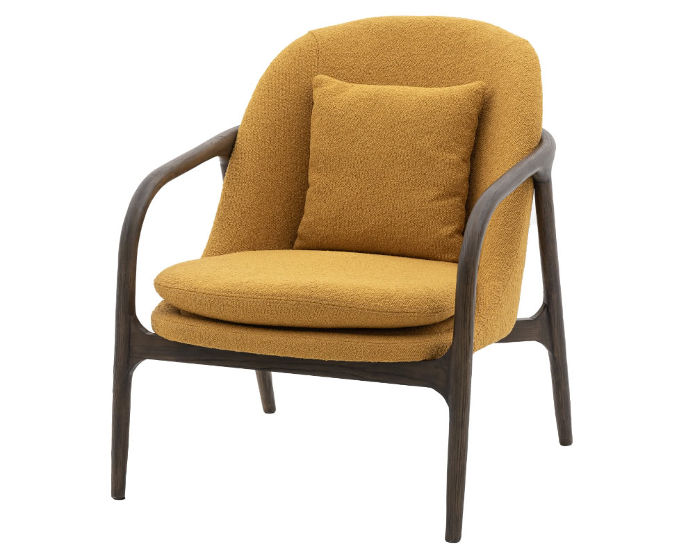 View Alegra Ochre Yellow Fabric Armchair MidCentury Modern Design Robust Antique Ebony Wooden Frame Deeply Padded Seat Cushion Back Cushion information
