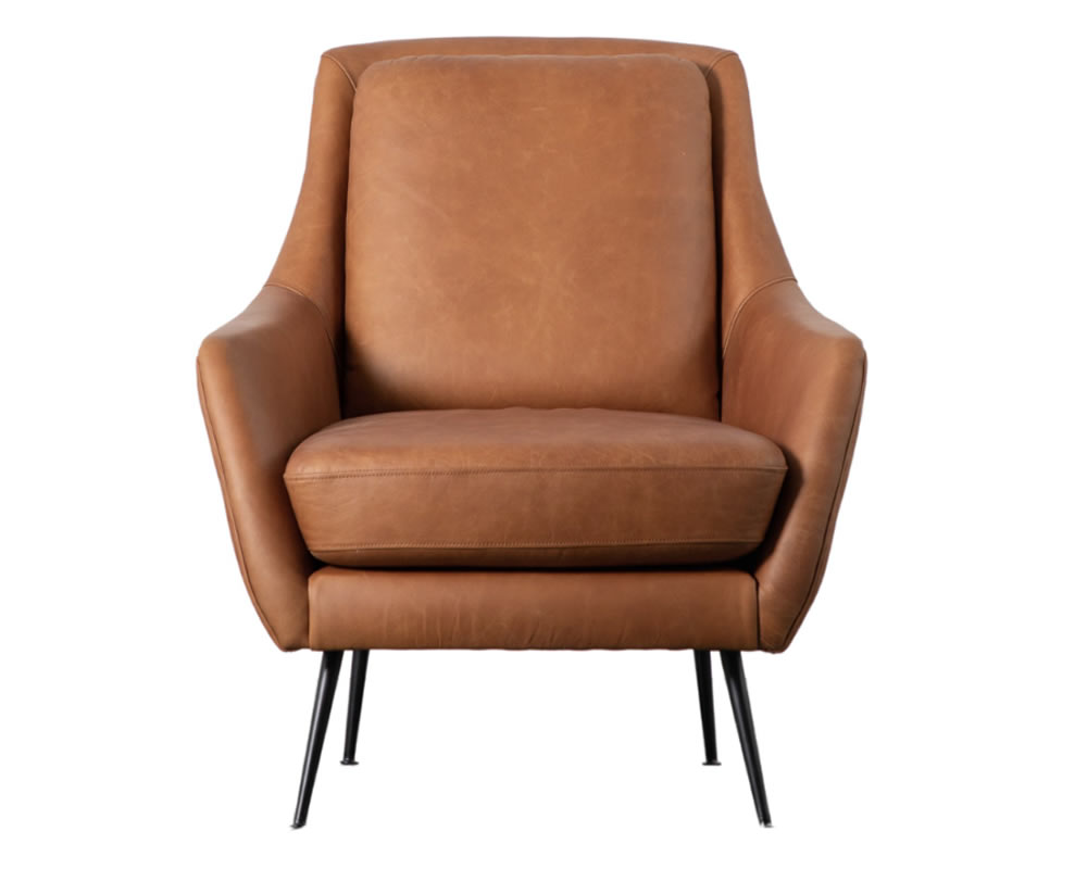 View Brompton Brown Leather Armchair With Fixed Back Cushion Loose Seat Cushion Black Metal Legs Modern Contemporary Design information