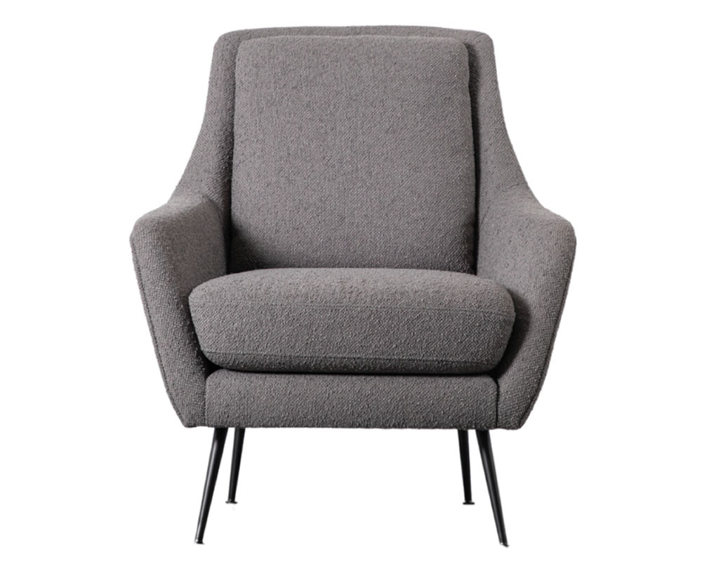 View Brompton Dark Grey Fabric Armchair With Fixed Back Cushion Loose Seat Cushion Black Metal Legs Modern Contemporary Design information