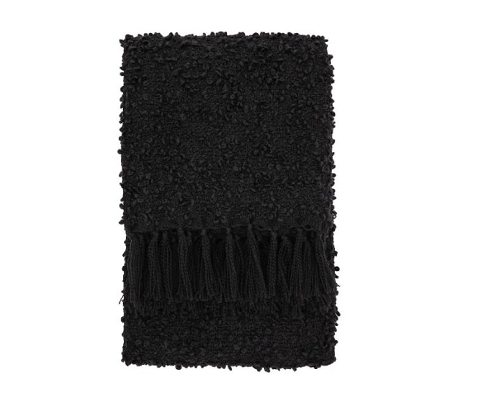 View Black Bologna Boucle Texture Woven Throw With Fringe Finish Made From 100 Polyethylene 1300 x 1700mm information