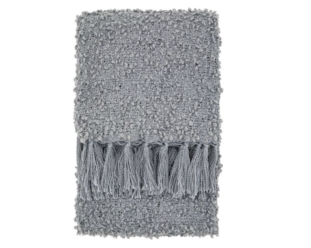 View Grey Bologna Boucle Texture Woven Throw With Fringe Finish Made From 100 Polyethylene 1300 x 1700mm information