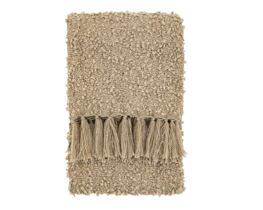 View Putty Brown Bologna Boucle Texture Woven Throw With Fringe Finish Made From 100 Polyethylene 1300 x 1700mm information