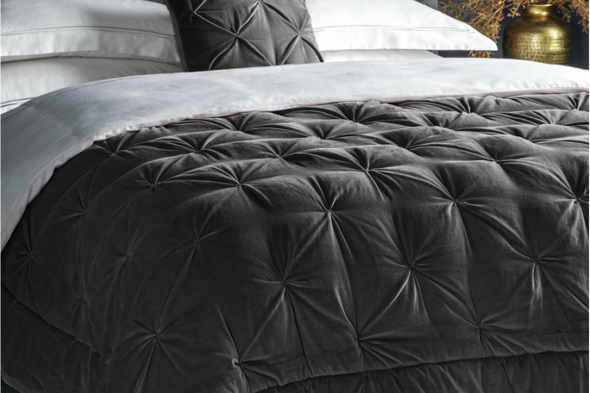 View Charcoal Plush Velvet Reversible Opulent Bedspread With Pinch Pleated Textured Design Dresses Any Bed Or Bedframe Super Soft Touch Fabric information